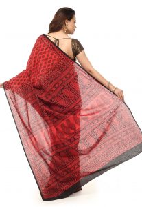 Block Printed Cotton Maheshwari Saree In Coral Block Printed Cotton Maheshwari Saree In Coral