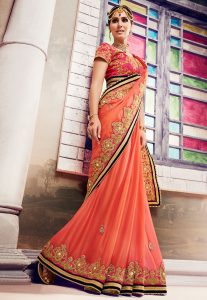 Embroidered Chiffon Saree in Pastel Orange Embroidered Chiffon Saree in Pastel Orange