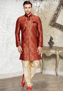 Jacquard Sherwani in Maroon and Golden Jacquard Sherwani in Maroon and Golden