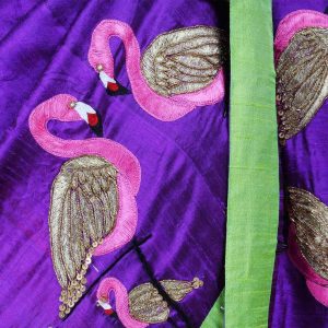 Raw Silk Fabric With Embroidered Flamingo raw-silk