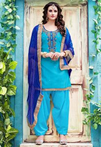 Gota Patti Embroidered Chanderi Silk Punjabi Suit in Sky Blue Gota Patti Embroidered Chanderi Silk Punjabi Suit in Sky Blue