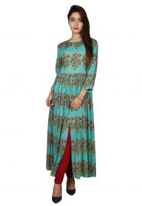 Printed Cotton Front Slit Kurta in Teal Blue Printed Cotton Front Slit Kurta in Teal Blue
