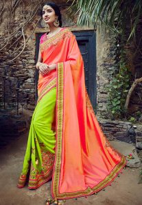 Embroidered Art Silk Saree in Peach and Neon Green Embroidered Art Silk Saree in Peach and Neon Green