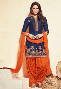 Embroidered Cotton Punjabi Suit in Navy Blue Embroidered Cotton Punjabi Suit in Navy Blue