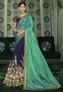 Half N Half Art Silk Saree in Teal Green and Navy Blue Half N Half Art Silk Saree in Teal Green and Navy Blue