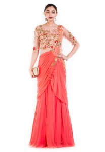 Hand Embroidered Georgette Layered Saree Gown in Coral Pink and Peach Hand Embroidered Georgette Layered Saree Gown in Coral Pink and Peach