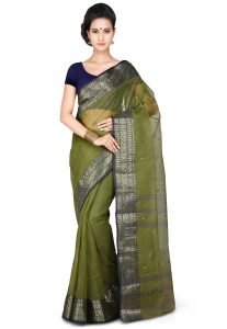 Handloom Tant Cotton Saree in Olive Green Handloom Tant Cotton Saree in Olive Green