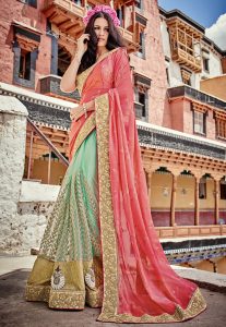 Half N Half Chiffon and Net Saree in Coral and Pastel Green Half N Half Chiffon and Net Saree in Coral and Pastel Green