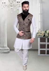 Brocade Nehru Jacket in Blue and Beige Brocade Nehru Jacket in Blue and Beige
