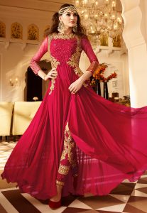 Embroidered Georgette and Net Abaya Style Suit in Red Embroidered Georgette and Net Abaya Style Suit in Red