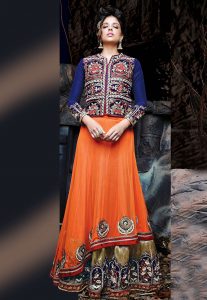Orange and Dark Beige Net Double Layered Lehenga Choli with Dupatta Orange and Dark Beige Net Double Layered Lehenga Choli with Dupatta