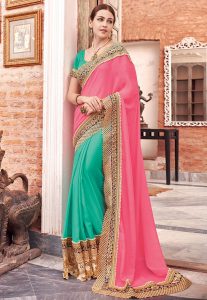 Half N Half Viscose Georgette Saree in Pink and Teal Green Half N Half Viscose Georgette Saree in Pink and Teal Green