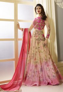 Embroidered Net Abaya Style Suit in Beige and Fuchsia Embroidered Net Abaya Style Suit in Beige and Fuchsia
