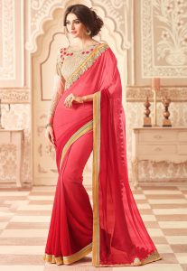 Embroidered Patch Border Georgette Saree in Ombre Red Embroidered Patch Border Georgette Saree in Ombre Red