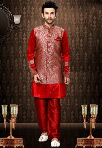 Woven Art Silk Jacquard Sherwani in Red Woven Art Silk Jacquard Sherwani in Red