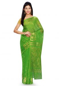 Bengal Handloom Cotton and Silk Jamdani Saree in Green Bengal Handloom Cotton and Silk Jamdani Saree in Green