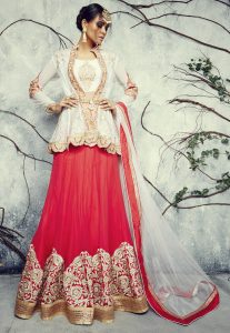 Embroidered Georgette Lehenga in Coral Embroidered Georgette Lehenga in Coral
